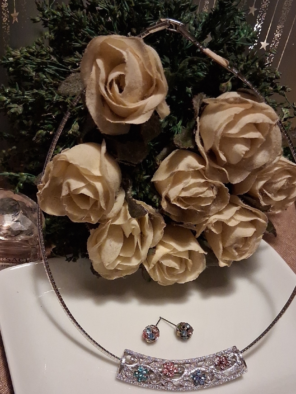 Silver Necklace with Pink and Blue Crystal Accents